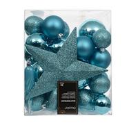 Kaemingk Bolas de Navidad de plástico con estrella para árbol de Navidad, juego de 33 unidades, irrompibles y punta para árbol de Navidad, color azul folclórico