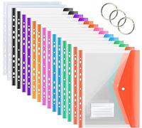 KAHEIGN 16 Piezas Bolsillos Perforados Expandibles, 8 Colores Carteras de Plástico A4 Carpetas Emergentes de Archivos de Documentos Carpeta de Anillas con Cierre a Presión, Etiquetas Bolsillo y Anillo
