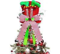 KAHEIGN Adornos para Copa del Árbol de Navidad, 25CM Grande Rojo Sombrero para Copa del Árbol de Navidad con Patas de Elfo y Lazo de Rayas para Hogar Navidad Vacaciones Invierno Fiesta Decoración