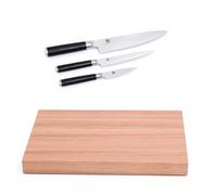 KAI Set de tabla de cortar/cuchillos - Bloque de corte claro de roble con pies de goma antideslizantes - Cuchillo de oficina 9 cm, cuchillo multiusos 15 cm, Santoku 18 cm