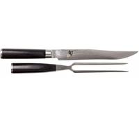 KAI Set de trinchar Shun Classic japonés - Cuchillo de trinchar de 20 cm de longitud de hoja Damasco 32 capas con núcleo VG MAX - 61 HRC - Tenedor de trinchar con puntas de 16,5 cm de acero inoxidable