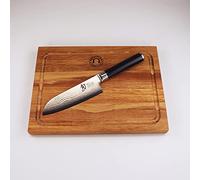 Kai Shun Classic Juego de cuchillos para damasco DM-0727, práctico cuchillo Santoku de acero damasco con hoja de 14 cm + estante de madera resistente y artesanal (roble) del Palatinado de 30x22 cm