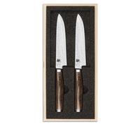 KAI Shun Premier, juego de 2 cuchillos para carne japoneses, de Tim Mälzer. Longitud de la hoja: 13 cm. Núcleo VG-MAX, dureza 61 HRC. 32 capas de acero damasco, pulido de alto brillo. Mango de madera