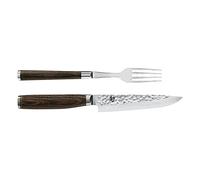 KAI Shun Premier Tim Mälzer juego de cubiertos japoneses de 2 piezas - Tenedor 22 cm de longitud total + Cuchillo para carne 25 cm de longitud total - Cuchillo de Damasco 32 capas núcleo VG MAX