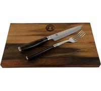 KAI Shun Premier Tim Mälzer | Juego de cubiertos | TDM-0907 | Cuchillo para carne con tenedor | + Tabla de cortar robusta de madera de roble, 25x15 cm | Precio de venta al público: 269,- €