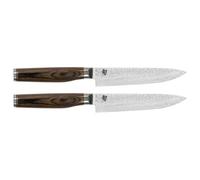 KAI Shun Premier Tim Mälzer Juego de cuchillos de carne japoneses 2 piezas con hoja de 13 cm - Núcleo VG-MAX 61 HRC, 32 capas de Damasco pulido - Mango de madera de Pakka color marrón medio
