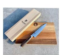 Kai TDM-1701 Shun Premier Tim Mälzer Cuchillo de la serie | Cuchillo universal japonés de 15 cm, hoja de damasco con martillo + tabla de cortar, tabla de madera de barril, 30 x 20 cm, VK: 199, -