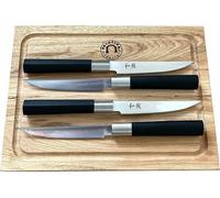 KAI Wasabi Black, juego de 4 cuchillos para carne de 12 cm (modelo 67S-400) – Ideal para amantes de la carne y chefs profesionales. Incluye una tabla de cortar única, hecha a mano, de roble, de 30x22