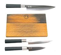 Kai Wasabi Black - Juego de cuchillos de cocina (20 cm, cuchillo de oficina de 10 cm, cuchillo multiusos de 15 cm, incluye tabla de cortar de madera maciza)