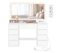 VASAGLE Kailyn Colección - Tocador con 3 Espejos Plegables, 11 Bombillas, Regleta, 9 Cajones, 3 Colores de Luz, Mesa de Maquillaje, Instalación de Rieles sin Herramientas, Blanco Nube RDT146WB01