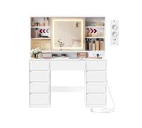 VASAGLE Tocador con Espejo LED, Montaje sin Herramientas, 9 Cajones | Regleta, Espejo LED regulable, Iluminación de 3 Colores, Blanco Nube, Colección KAILYN RDT137W01