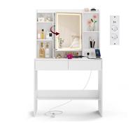 VASAGLE Kailyn Colección - Tocador con Luces LED de 3 Colores con Brillo Ajustable, Regleta, Mesa de Maquillaje con Espejo, Estantes Ajustables, 2 Cajones, Estilo Moderno, Blanco RDT143WB01