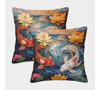 kaiyun Carpa Nadando en un Estanque de nenúfares Funda De Almohada Estilo Pintura al óleo Impresa En 3D Decoración del Hogar Sala De Estar Sofá para Coche 50x50cm 2 Paquetes