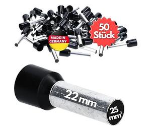 Kalitec 50x Terminales Aislados 25 mm² - Punteras de Cobre 22 mm, Negro | Manguitos AWG 4 con certificación UL para crimpar cables eléctricos, ideales para aplicaciones industriales y motores