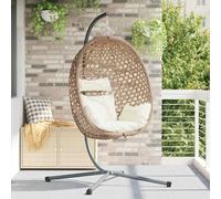 Kaloriko Silla de huevo colgante de color crema claro de polirratán, 104 x 100 x 191 cm, con cojín y reposacabezas, plegable y resistente a la intemperie, para jardín, terraza, porche, exterior