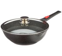 KAMBERG 0008057, sartén wok, diámetro máximo de 30 cm, fabricada en hierro fundido/aluminio fundido, apta para cocinas de inducción, con revestimiento antiadherente, incluye tapa, con asa desmontable