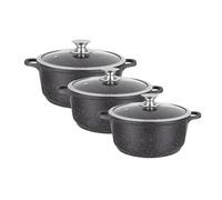 Kamberg 008169 - Juego de 3 ollas de 20/24/28 cm, hierro fundido de aluminio, revestimiento tipo piedra, tapas de cristal, para todo tipo de fuego, incluida inducción, sin PFOA, 0008169, negro