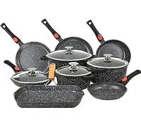 Kamberg Batería de Cocina de 24 Piezas, aluminio fundido, revestimiento piedra, todo tipo de fuentes de calor, incluida la inducción, mango extraíble, sin PFOA, negro
