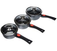 Kamberg Juego 3 Cacerolas 16 / 18 / 20 cm, mango extraíble, aluminio fundido, revestimiento piedra antiadherente, tapa de vidrio, todos los incendios, incluida la inducción, sin PFOA