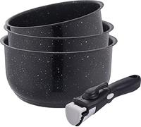 Kamberg Juego de 3 cacerolas inoxidable 16/18/20 cm, revestimiento tipo piedra, mango extraíble, todo tipo de fuentes de calor, incluida la inducción, sin PFOA