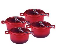 Kamberg Juego de 4 Miniollas 12 cm redondas rojo flameado, revestimiento en piedra, todo tipo de fuentes de calor, incluida la inducción, sin PFOA