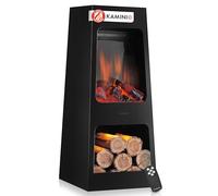 KAMINIO Chimenea eléctrica de jardín Kai - Horno terraza eléctrico con calefacción, Efecto de Llama 3D, Almacenamiento de leña, luz Ambiental LED, Control Remoto (Large)