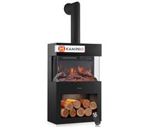 KAMINIO Eléctrica Chimenea Henri con Tubo - Estufa de Chimenea con calefacción, Efecto de Llama 3D, Compartimento para leña, luz Ambiental LED, Control Remoto (Negro)