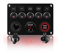 KAOLALI Interruptor de Palanca 5 Interruptores 12V/24V, 4,2A Cargador Coche Doble Puerto LED, Enchufe de Encendedor de Cigarrillos, IP65 Impermeable para Barco, Coche, RV, Autocaravana, Yate (Rojo)