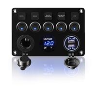 KAOLALI Interruptor de Palanca 5 Interruptores 12V/24V, 4,2A Cargador Coche Doble Puerto LED, Enchufe de Encendedor de Cigarrillos, IP65 Impermeable para Barco, Coche, RV, Autocaravana, Yate (Azul)