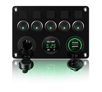 KAOLALI Interruptor de Palanca 5 Interruptores 12V/24V, 4,2A Cargador Coche Doble Puerto LED, Enchufe de Encendedor de Cigarrillos IP65 Impermeable para Barco, Coche, RV, Autocaravana, Yate (Verde)