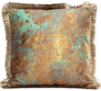 KARE Design Cojín Decorativo Leaves Fringe, Azul, Dorado, Hecho a Mano, con Cremallera, cojín de sofá, Cama, Silla, Estilo Floral, Asia, Flores, 45x45x12 cm