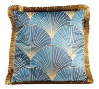 Kare Design cojín Leaves Fringe, Azul/Oro, 45x45cm, cojín Decorativo de sofá con Cremallera, 45x45 cm