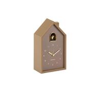 Karlsson Reloj despertador moderno de cuco dorado en marrón moca, diseño contemporáneo con pájaro chapado en oro y sonido de alarma de chirping, funciona con pilas