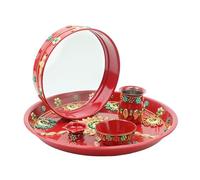 Karwachauth Pooja Thali Puja - Plato decorativo de acero Thali con Kalash y Channi Chalani, artículos esenciales, ritual, boda, decoración tradicional india, festival Navratri (tamaño Thali, 11
