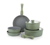 KASANOVA Batería de cocina 9 piezas Eaziclip, Juego de ollas para inducción con revestimiento cerámico y mangos desmontables aptos para horno, Batería antiadherente con tapas (Verde)
