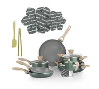 KASANOVA Batería de cocina Cooking Therapy, juego de ollas para inducción y sartenes antiadherentes con espátula, set de cocina completo con grabado láser y mangos efecto madera (16)