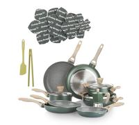 KASANOVA Batería de cocina Cooking Therapy, Set de ollas para inducción y sartenes antiadherentes con espátula, Set completo de cocina con inscripción láser y mangos efecto madera. (18)