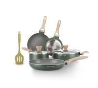 KASANOVA Batería de cocina Cooking Therapy, Set de ollas para inducción y sartenes antiadherentes con espátula, Set completo de cocina con inscripción láser y mangos efecto madera. (8)