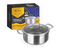 KASANOVA Cacerola antiadherente Tri-ply para inducción con tapa de vidrio - Revestimiento antiadherente de 3 capas ultra resistente (22 cm)