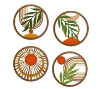 Kaslaider 4 Piezas Decoración de Paredes de Madera Bohemia, Moderno Minimalista Arte de Pared Decoración Pared Redonda Para Sala Estar o Dormitorio Decoración de Pared con Arte Lineal Hojas