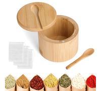 KASURE Salero para Cocina Bambú, Caja de Especias de Bambú Redonda, de Especias con Contenedor de Cierre Magnético, Sal, Pimienta, Hierbas y Más（3 bolsitas de especias gratis）