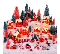 Kasyat Juego de 80 casas de pueblo de Navidad con 8 luces LED, color rojo | 32 mini árboles de Navidad, 40 decoraciones de Navidad en miniatura con gnomo, farola, figuras, escena de la ciudad