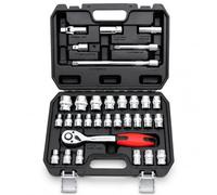 KATSU Juego de Llaves de Vaso de 1/2" 32 Piezas, Accionamiento Métrico de 8-32mm con Llave de Trinquete de Liberación Rápida de 72 Dientes y Barra de Extensión, Herramienta de Reparación Automática