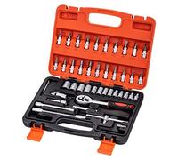 KATSU Juego de Llaves de Vaso de 1/4" 46 Piezas, Undid Métrica de 4-14mm con Llave de Trinquete de Liberación Rápida de 24 Dientes, Barras de Extensión y Puntas Hex Torx 420312B