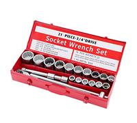 KATSU Juego de Llaves de Vaso de 3/4" 21 Piezas, 19-50mm Métricas de 12-Puntos con Llave de Trinquete de 24 Dientes en Caja de Acero, Herramienta Mecanica Reparación de Auto (Budget)