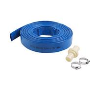 KATSU Manguera Plana para Descarga de Agua 20 m x 32 mm, con 2 Clips y Conector, Se Adapta a Bombas de Agua Sumergibles y Otras para Drenar Estanques, Riego de Jardines, Piscinas, Azul 664435