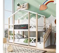 Kayan Cama infantil con almacenamiento y protección anticaídas, 90 x 200 cm, cama alta con escaleras para niños, litera, cama juvenil, 2 somieres, color natural y blanco
