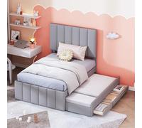 Kayan Cama tapizada individual de 90 x 200 cm con cama nido y cajones, cabecero tapizado, cama extensible con somier, cama infantil para niños, cama de invitados, lino (gris, 90 x 200 cm)