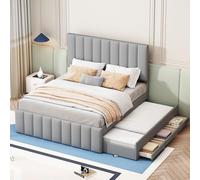 Kayan Cama tapizada para cama doble de 140 x 200 cm con cama nido y cajones, cabecero tapizado, cama extensible con somier, cama infantil para invitados, lino (gris, 140 x 200 cm)