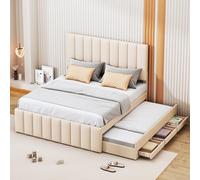Kayan Cama tapizada para cama doble de 140 x 200 cm con cama nido y cajones, cabecero tapizado, cama extensible con somier, cama infantil para invitados, lino (beis, 140 x 200 cm)